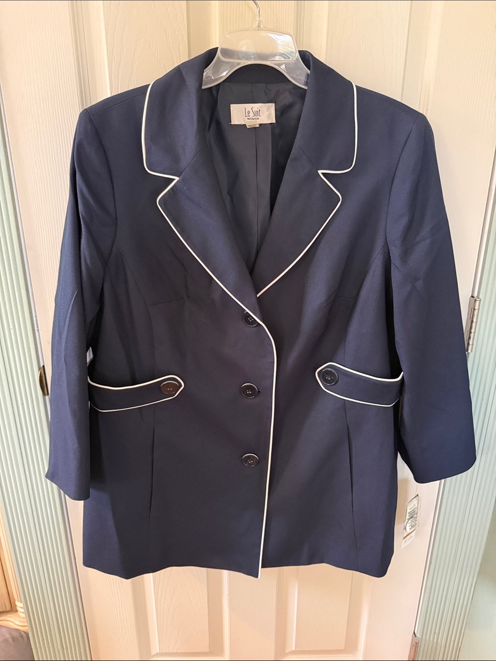 Le Suit Navy Blazer with White Piping Trim